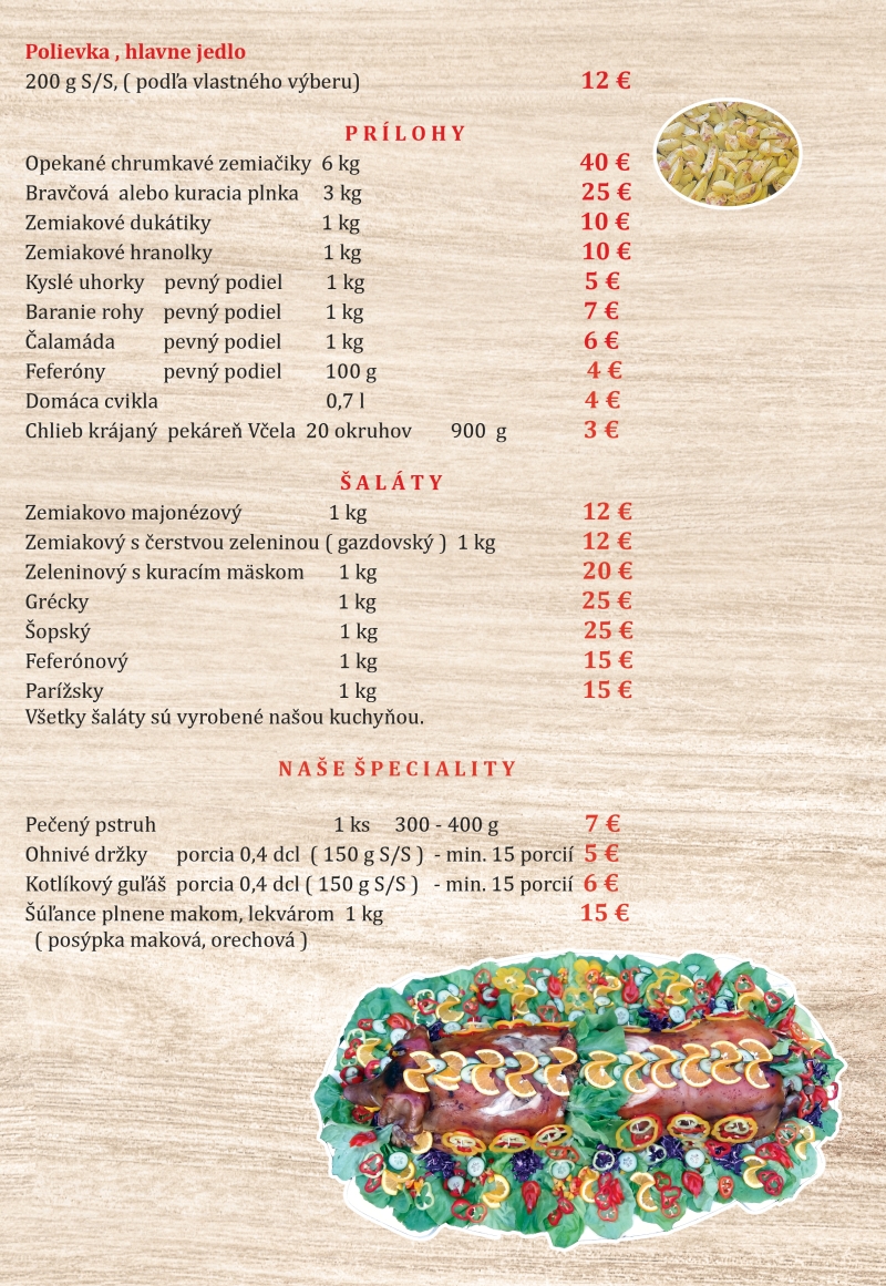Ponuka jedál a cenník 2026